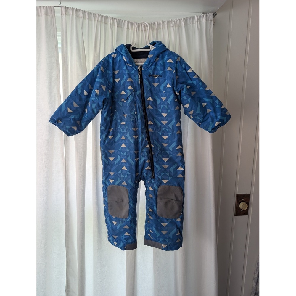 Kids Columbia Blue Snowsuit 2T Excellent Geometric Print Hooded Bunting B0011